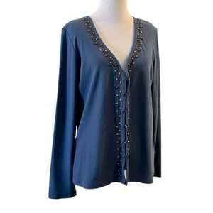 LIZ & CO. LONG SLEEVE BEADED BUTTON FRONT CARDIGAN INDIAN SUMMER BLU SIZE XL NEW